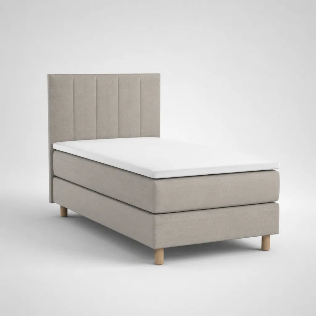 Boxspringbett-Komplettset mit Matratze, Topper und Kopfteil, Polyester und Kiefer massiv, Beige/Weiß/Natur, Liegefläche 90 × 200 cm, Gesamtmaß 210 × 100 × 120 cm