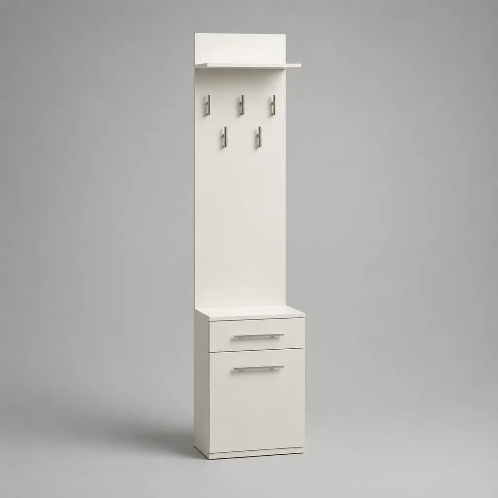 Garderobenschrank aus melaminbeschichteter Spanplatte mit 5 Haken, Ablage, Schublade und Tür, Weiß, 200 × 50 × 35 cm