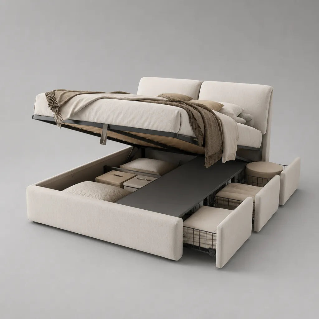 Stauraumbett Doppelbett mit Bettkasten und 4 Schubladen aus MDF, Stahl und Polyester, Creme/Schwarz, Liegefläche 180 x 200 cm, Gesamtmaß 224 x 228 x 105 cm