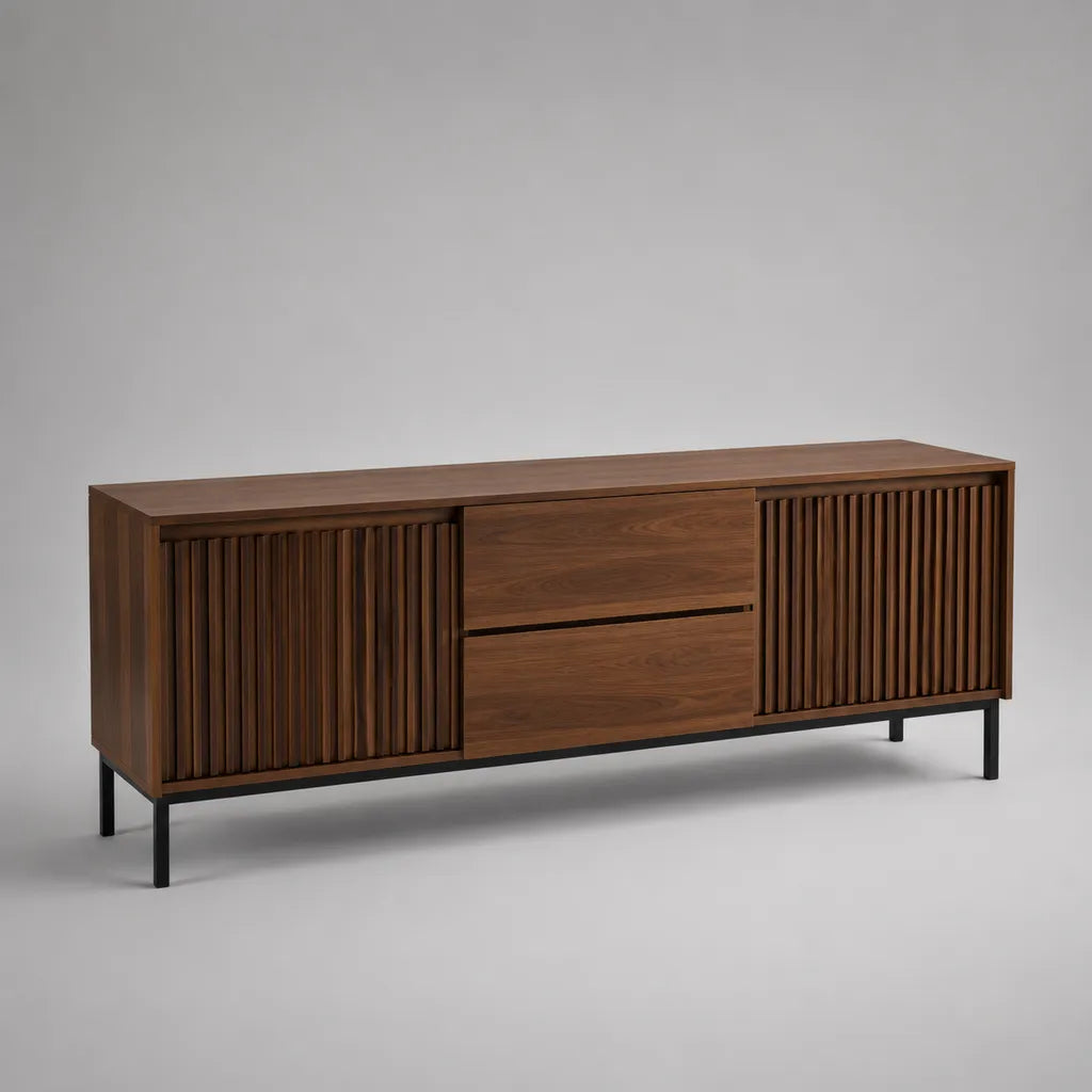 TV-Lowboard aus MDF mit Walnussfurnier, 2 Türen und 2 Schubladen, Walnussbraun/Schwarz, 180 x 40 x 65 cm