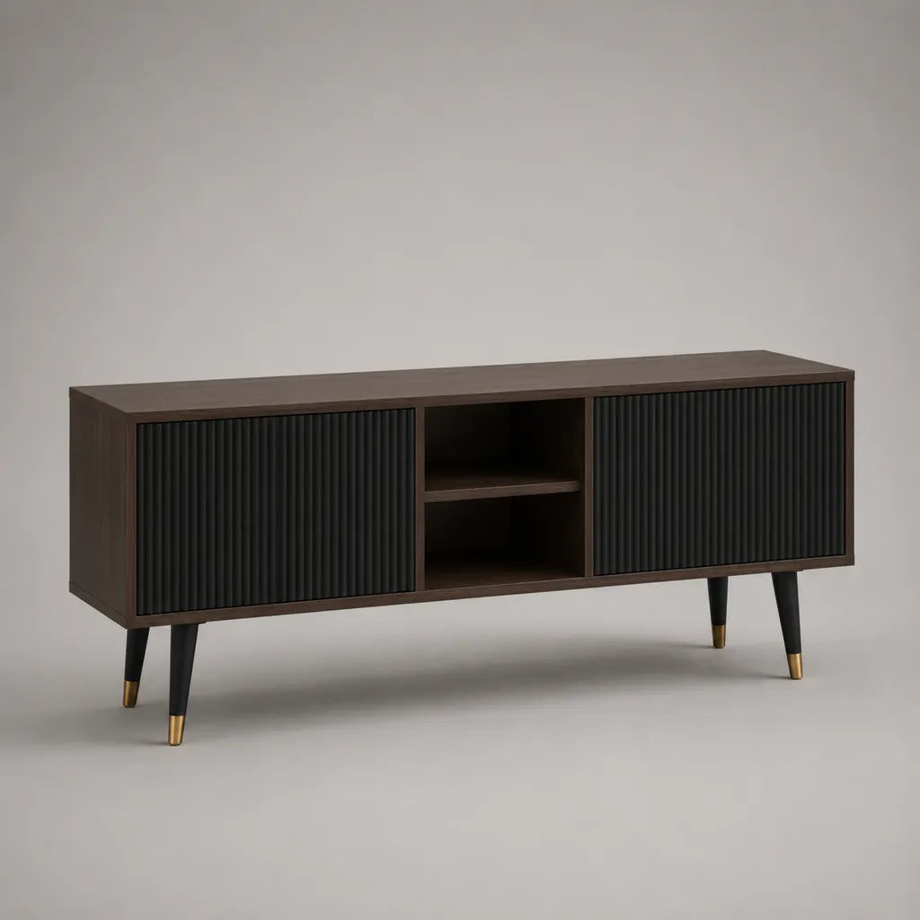 TV-Lowboard aus MDF und Spanplatte mit 2 Türen und 2 offenen Fächern, Dunkelbraun/Schwarz, 160 × 40 × 70 cm