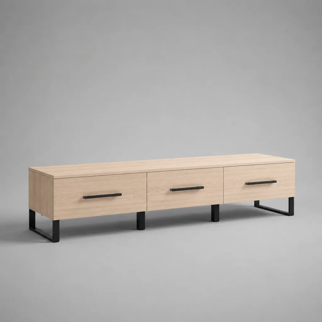 TV-Lowboard mit 3 Schubladen aus Spanplatte und Stahl, Eiche hell/Schwarz, 180 × 40 × 50 cm