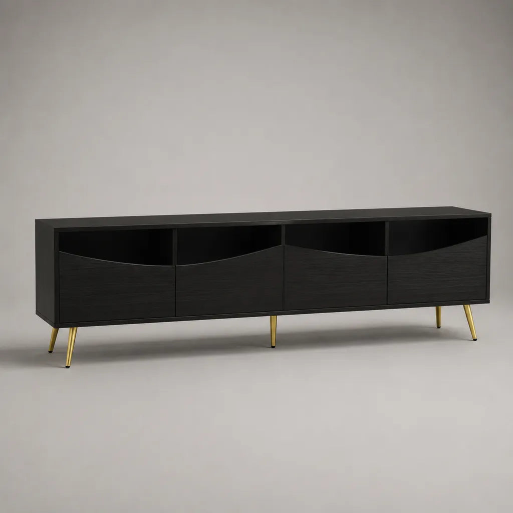 TV-Lowboard aus MDF und Stahl mit 4 Schubladen und 4 offenen Fächern, Schwarz und Goldfarben, 180 × 40 × 58 cm