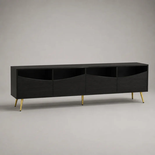 TV-Lowboard aus MDF und Stahl mit 4 Schubladen und 4 offenen Fächern, Schwarz und Goldfarben, 180 × 40 × 58 cm