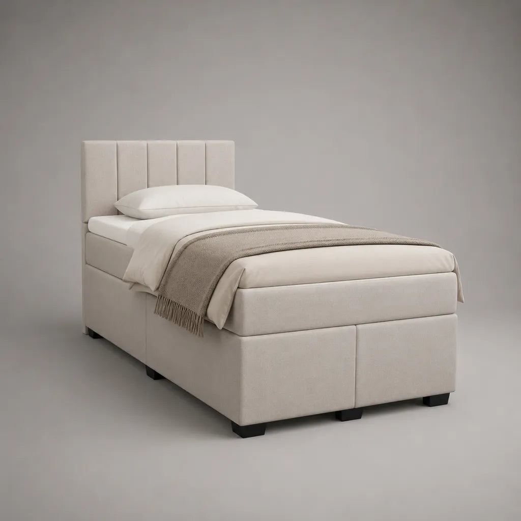 Boxspringbett 90 × 200 cm mit Matratze und gepolstertem Kopfteil, Gesamtmaß 210 × 100 × 110 cm, Polyesterbezug, Beige