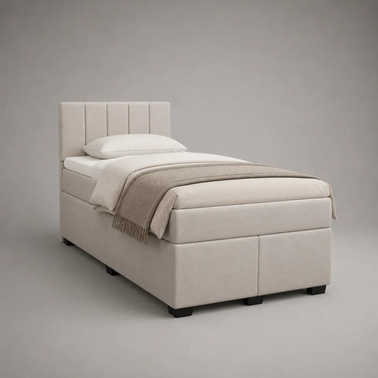 Boxspringbett 90 × 200 cm mit Matratze und gepolstertem Kopfteil, Gesamtmaß 210 × 100 × 110 cm, Polyesterbezug, Beige
