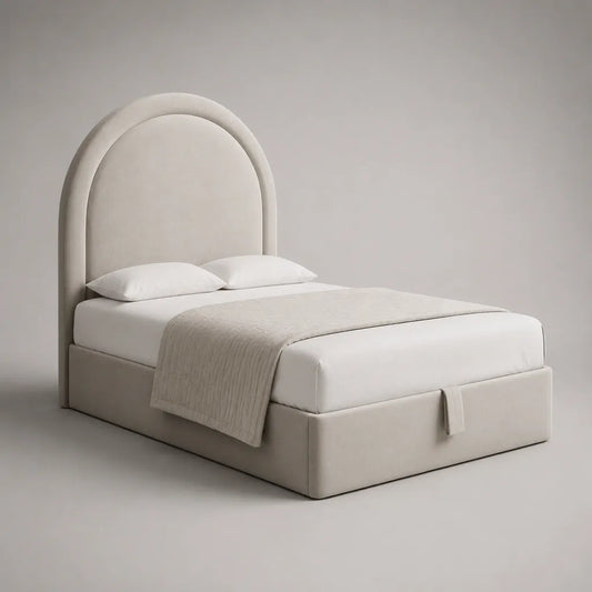 Stauraumbett 160 × 200 cm, Polsterbett mit Bettkasten, Lattenrost und bogenförmigem Kopfteil, Stoffbezug, Creme