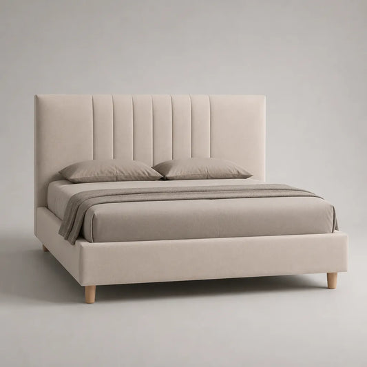 Polsterbett Doppelbett mit Lattenrost und gepolstertem Kopfteil, Polyesterbezug, Beige, 170 x 215 x 120 cm, Liegefläche 160 x 200 cm