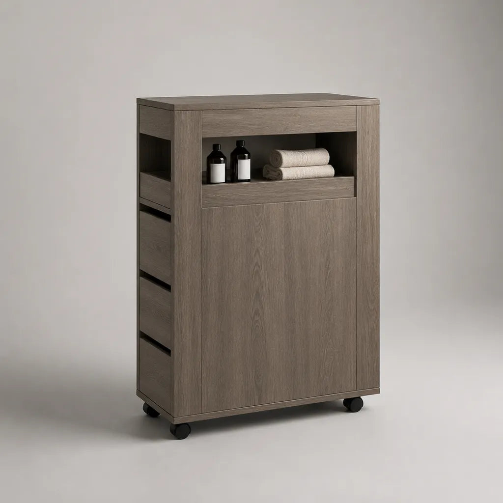 Rollschrank mit 1 Tür, offenem Fach und 4 Rollen aus melaminharzbeschichteter Spanplatte, Graubraun, 60 × 35 × 100 cm
