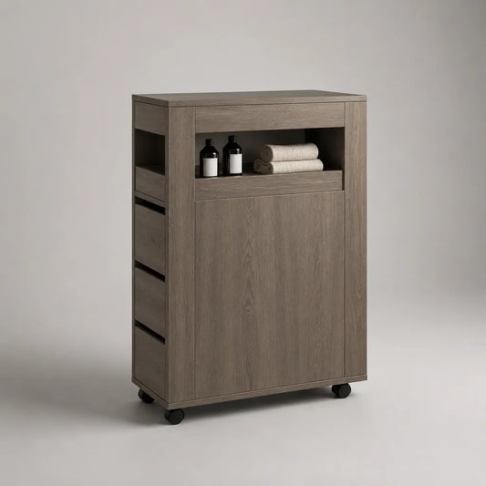 Rollschrank mit 1 Tür, offenem Fach und 4 Rollen aus melaminharzbeschichteter Spanplatte, Graubraun, 60 × 35 × 100 cm