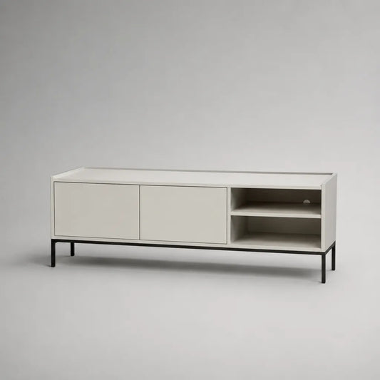 TV-Lowboard aus MDF und Stahl mit 2 Türen und 2 offenen Fächern, Weiß/Schwarz, 160 × 40 × 60 cm