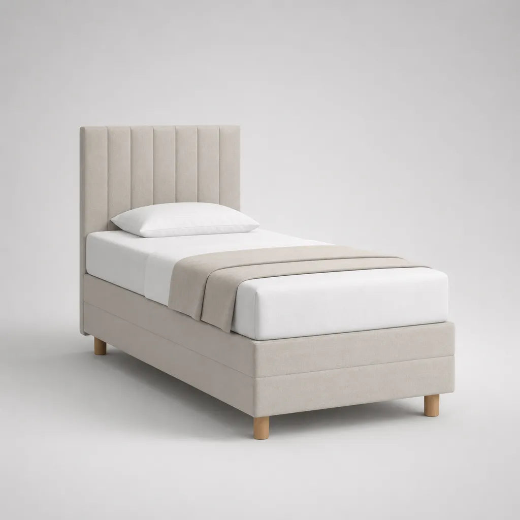 Gepolstertes Einzelbett mit Lattenrost und Polyesterbezug, Beige/Natur, Liegefläche 90 x 200 cm, Gesamtmaß 101 x 212 x 120 cm