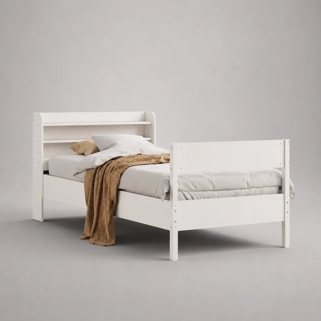 Einzelbett-Bettgestell mit Regal-Kopfteil aus Kiefer-Massivholz und MDF, Weiß, Liegefläche 90 × 200 cm