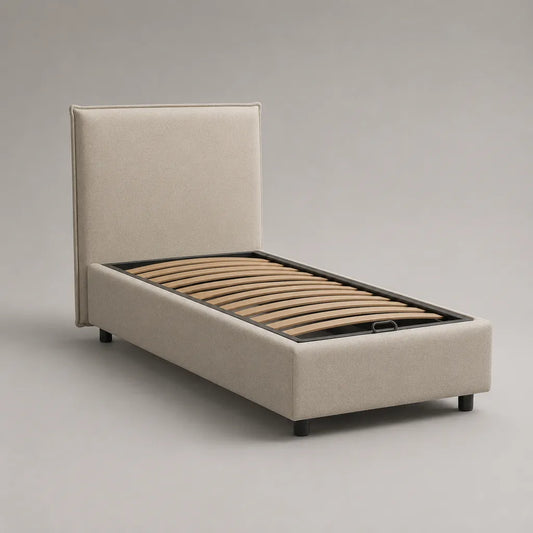 Polster-Stauraumbett 90 x 200 cm mit Bettkasten, Lattenrost und Stoffbezug, Gesamtmaß 214 x 101 x 110 cm, Beige