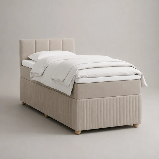 Polsterbett Einzelbett 90 × 200 cm mit Lattenrost und gepolstertem Kopfteil, Polyesterbezug, Beige