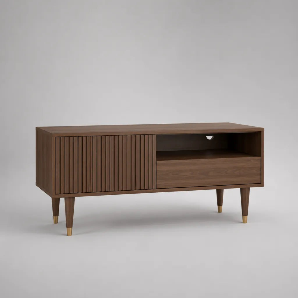 TV-Lowboard aus MDF mit Walnussfurnier, Schrankfach, Schublade und Kabelöffnung, Braun und Messingfarben, 120 × 40 × 60 cm