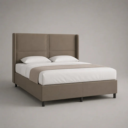 Polsterbett Doppelbett 180 x 200 cm mit PU-Kunstlederbezug in Taupe und hohem Kopfteil