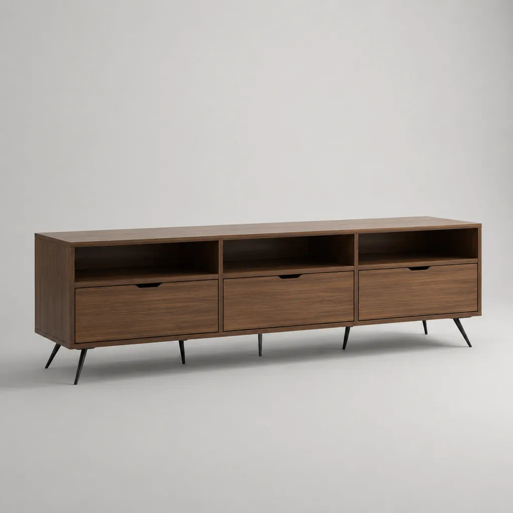 TV-Lowboard aus MDF mit Walnussfurnier, 3 Schubladen und 3 offenen Fächern, Braun/Schwarz, 180 × 40 × 65 cm