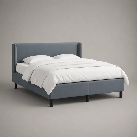 Graues Polsterbett 180 × 200 cm mit Polyesterbezug, gepolstertem Kopfteil und schwarzen Stahlfüßen, 196 × 215 × 110 cm