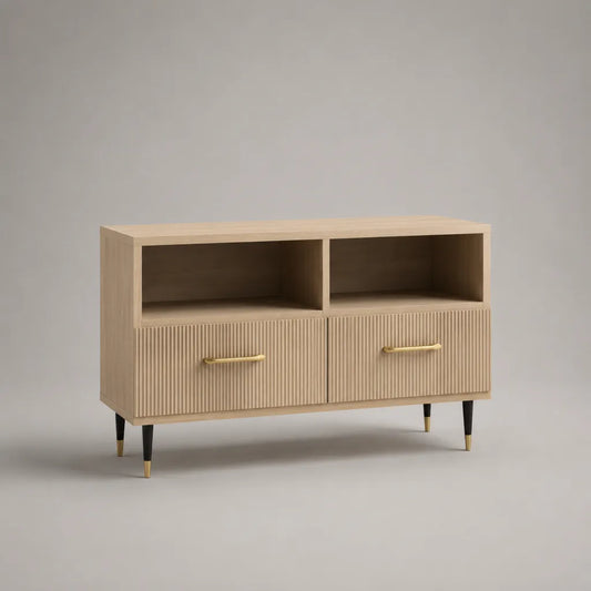 TV-Lowboard aus MDF mit Eichenfurnier, 2 Schubladen und 2 offenen Fächern, Naturfarben/Schwarz/Messingfarben, 120 × 40 × 70 cm