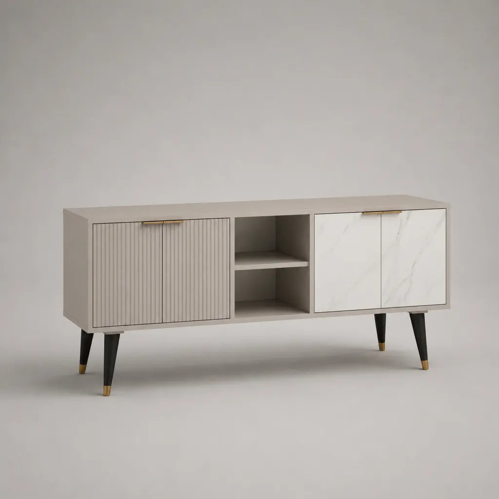TV-Lowboard und Sideboard aus Spanplatte und MDF mit 4 Türen und 2 offenen Fächern, Greige, Weiß, Schwarz und Goldfarben, 160 × 40 × 80 cm