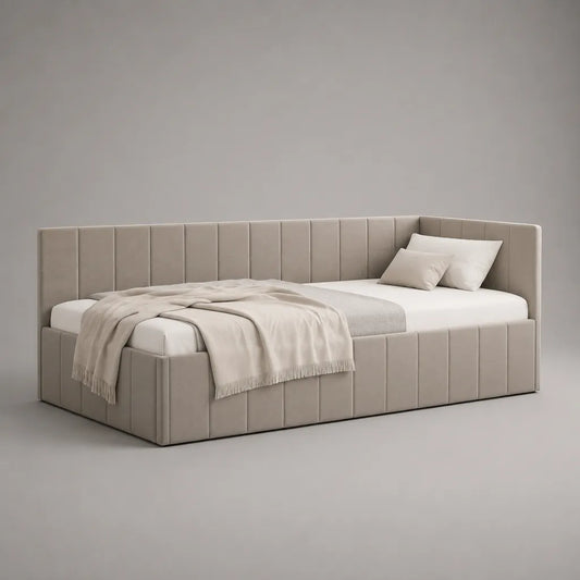 Polsterbett 140 x 200 cm mit Eckkopfteil, Bettgestell aus Holz und Polyester-Velours in Taupe, 215 x 158 x 92 cm