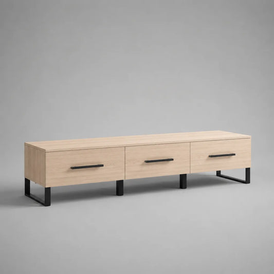 TV-Lowboard mit 3 Schubladen aus Spanplatte und Stahl, Eiche hell/Schwarz, 180 × 40 × 50 cm
