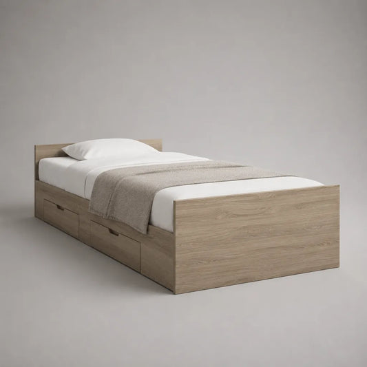 Stauraumbett Einzelbett mit 2 Schubladen aus melaminbeschichteter Spanplatte, Eiche Natur, Liegefläche 90 × 200 cm, Außenmaß 205 × 96 × 75 cm